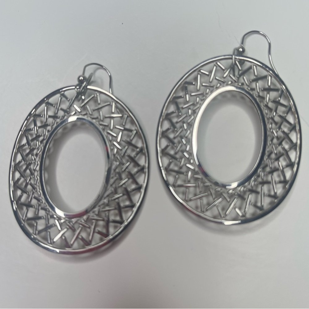 Silver Tone Geometric Curved Oval Earrings On French Hooks